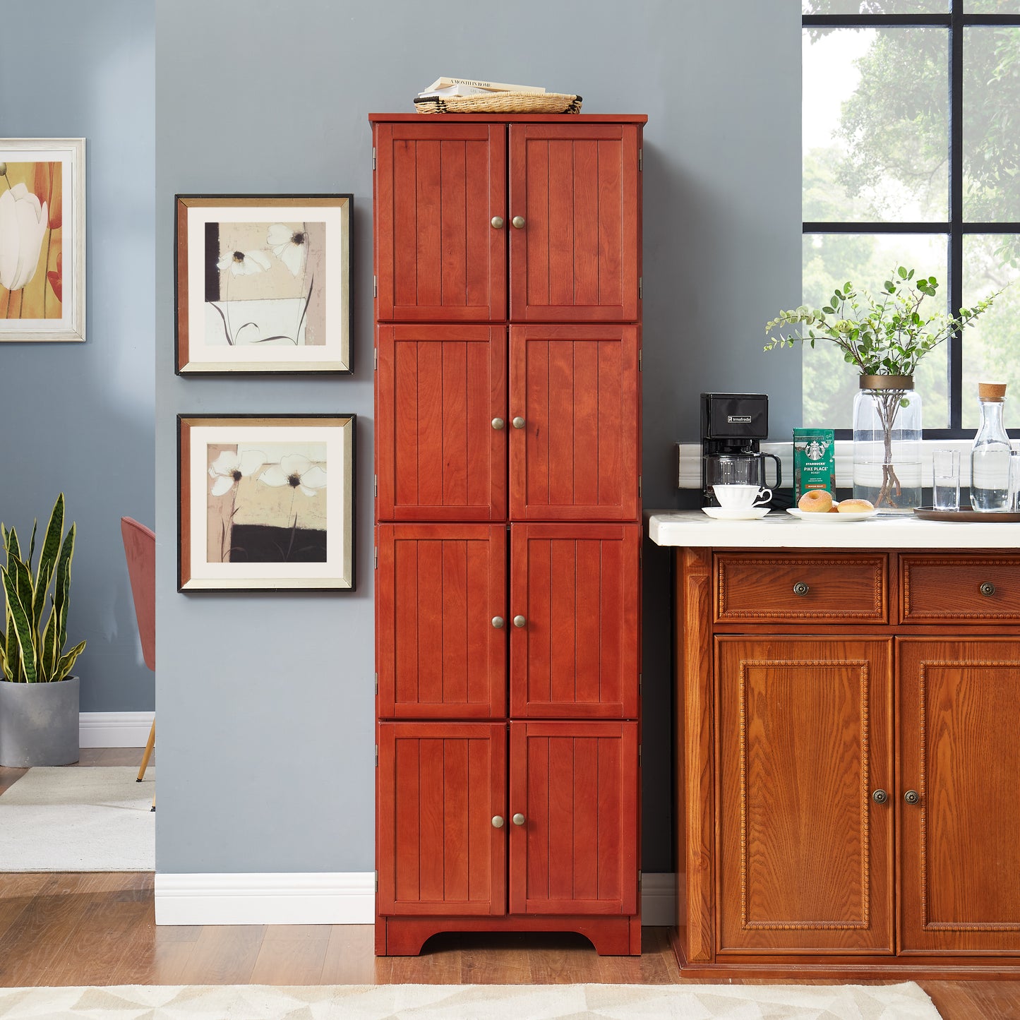 72.4  Tall Storage Cabinet Tall Storage Cabinet With 8 Doors And 4 Shelves ,Bookshelf Living Room, Kitchen, Dining Room, Office  Freestanding Storage Cabinet,Cherry