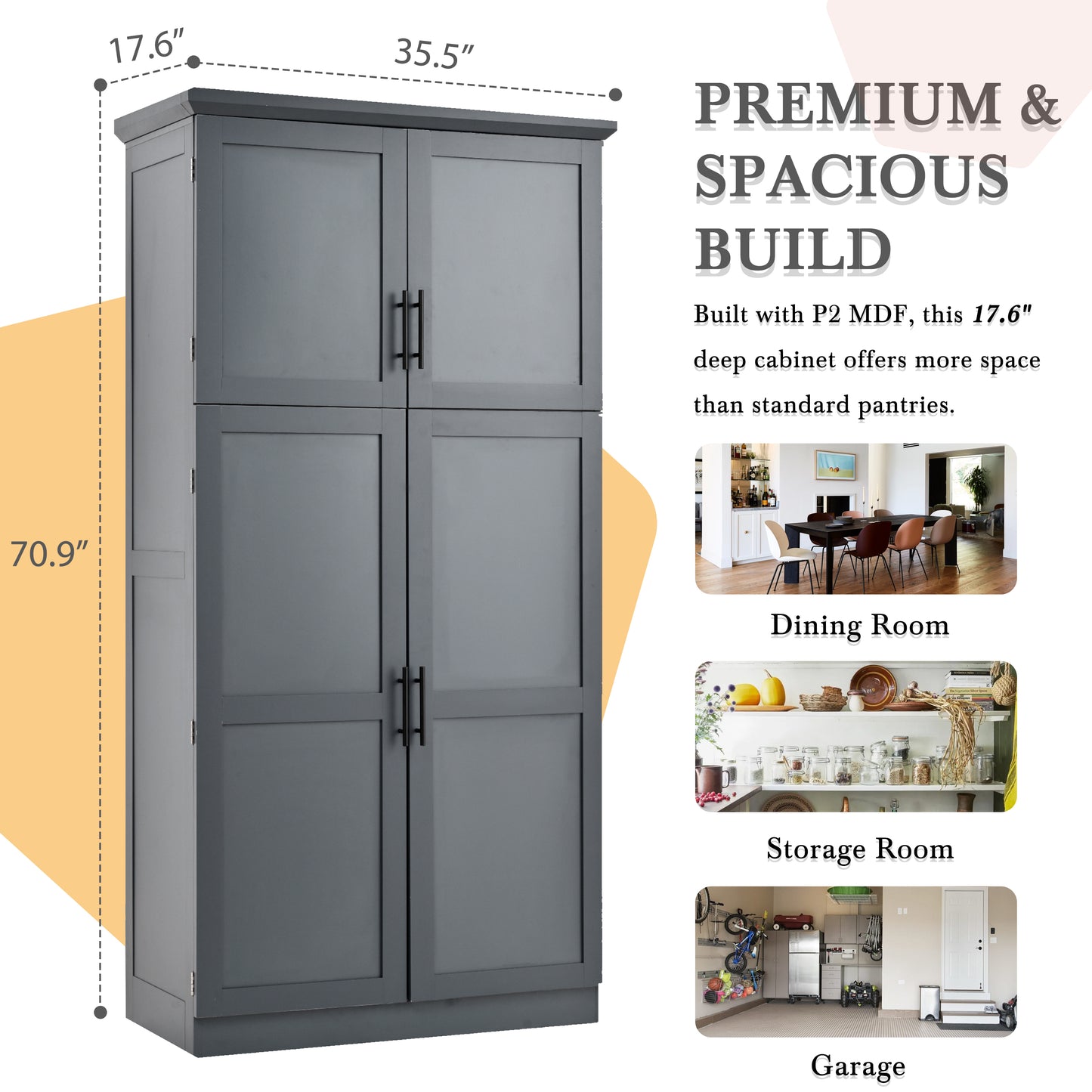 TOPMAx 35.5x17.6x70.9inch Freestanding Kitchen Pantry Cabinet  Tall Storage Cabinet With 4 Doors  2 Door Shelves  8 Pull- Out Trays And Adjustable Shelf For Dining Room  Gray