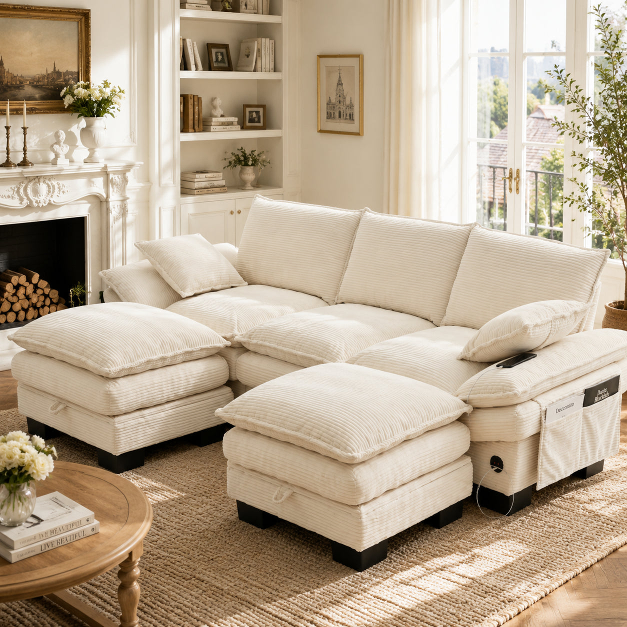 Modular 3-seater Corduroy Sofa  With 2 Stools  Wide Seat, Ergonomic Design, High-density Foam Padding, USB-C Port And Side Pockets. Ideal For Living Room, Office Or Lounge.Beige