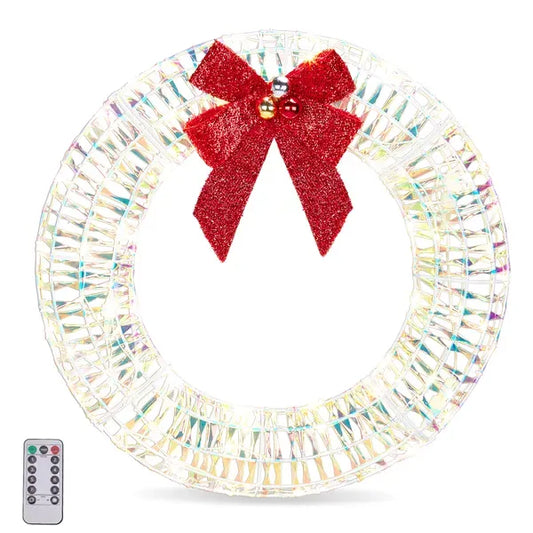 24in Pre-lit Iridescent Outdoor Christmas Wreath Decoration, Lighted Metal Wreath With Red Bow, Warm White LED Lights, For Front Door Gate Wall Indoor Outdoor Holiday Party
