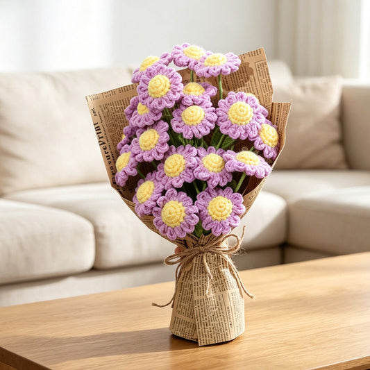 Handmade Crochet Lavender Purple  Bouquet, Everlasting Knitted Yarn Flowers, Vintage Newspaper Wrapped Rustic Floral Keepsake For Home Desktop Decor