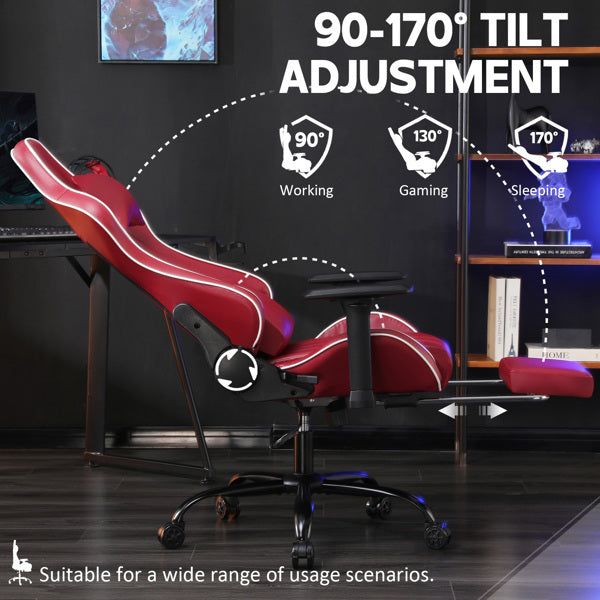 Computer Gaming Chairs For Adults, Ergonomic Computer Chair For Heavy People, Adjustable Lumbar Office Desk Chair With Footrest, 360degree-Swivel Seat PU Leather Gamer Chair, Red