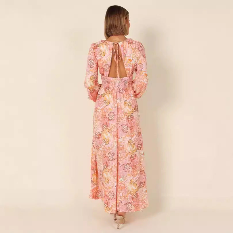 Printed Backless Deep-V Sexy Best-selling Long-sleeve Dress