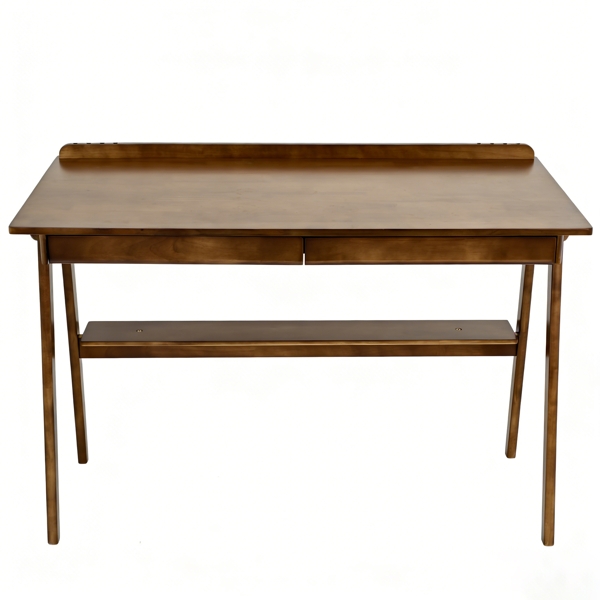 Solid Wood Writing Desk, Home Office Desk For Small Spaces, Mid Century Modern Desks With 2 Drawers & Storage Shelf, Standing Desk With Side Hooks For Study, Bedroom, Office  Walnut