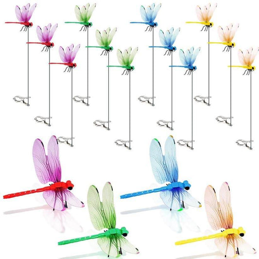 12 Pack Dragonfly Clips, Fake Dragonflies With Stakes, Realistic Plastic Dragonfly Garden Decorations, Fly Deterrent Clips For Hats, Pets, Horses, Deer, Yard, Patio, Indoor & Outdoor Decor