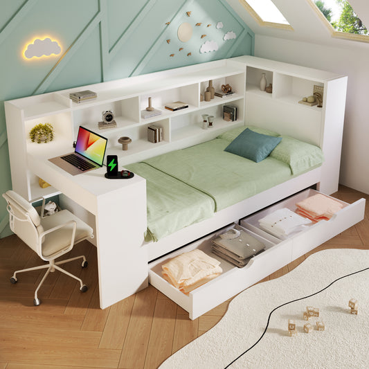 Single Daybed With Bookcase & Computer Desk, 3FT Sofa Bed With Storage, Drawers & USB Type-C Port, 90 X 190 Cm Multi-functional Wooden Bed Frame For Living Room Bedroom, White No Mattress