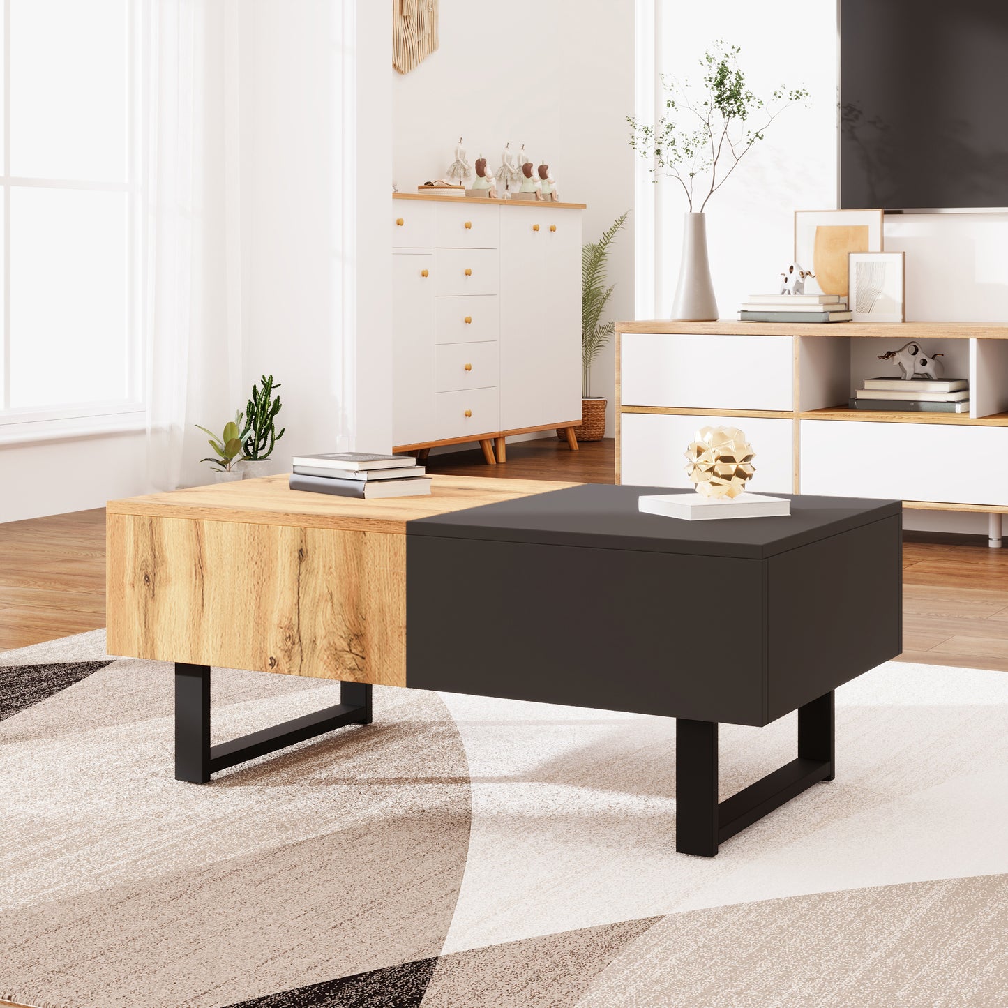 Multifunctional Modern Sliding Coffee Table With Hidden Storage, High Quality Wood And Metal Bracket, Suitable For Home And Office Setting, Easy To Install, 155x55x40cm