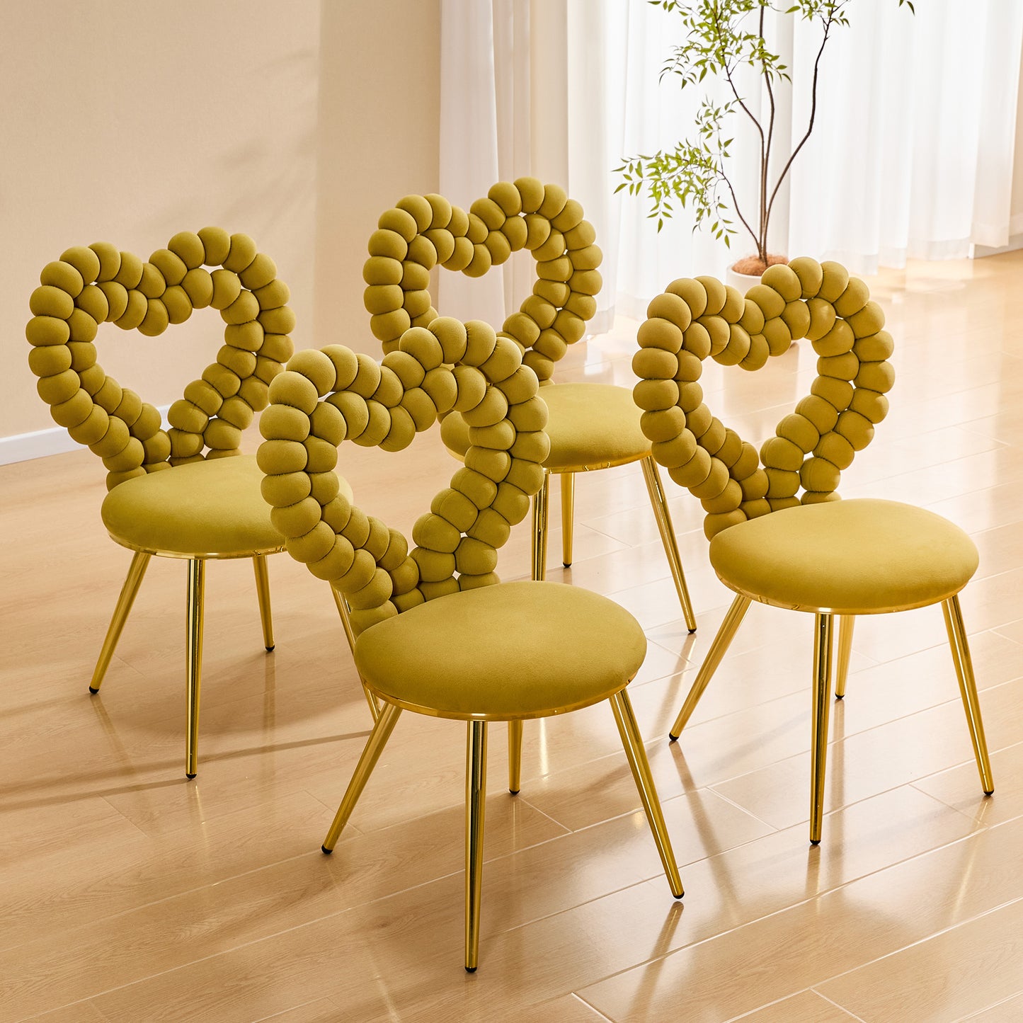 Set Of 2 Unique Heart Bubble Tufted Accent Chair,Yellow Plush Velvet Chair With Shiny Gold Metal Frame, Cute & Modern Seating For Home Decor