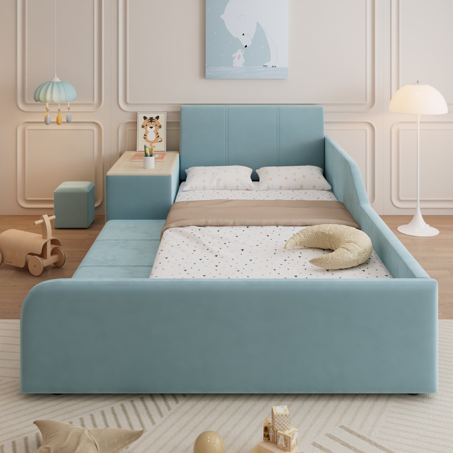 Upholstered Bed, Single Bed With Children's Desk And Stool, With Shelf, Soft Headboard, Children's Bed With Wooden Slats, Velvet, Blue, 90x200cm