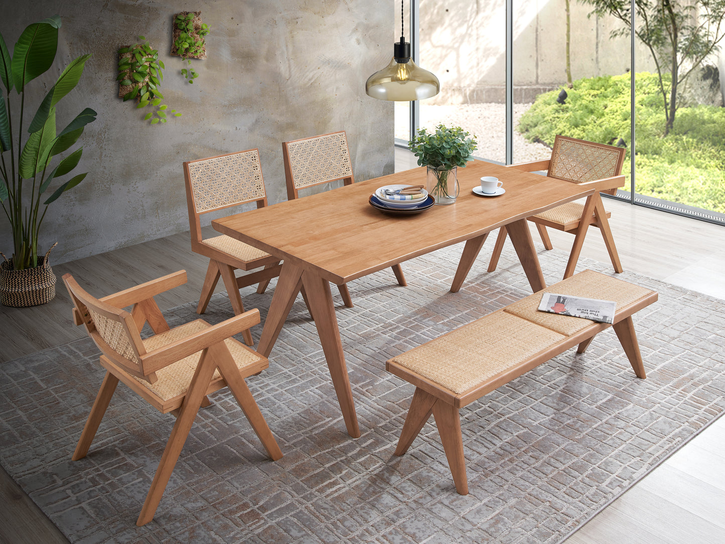 Valentina Rattan & Natural Finish 5PCs Patio Outdoor Dining Set  No Bench Included