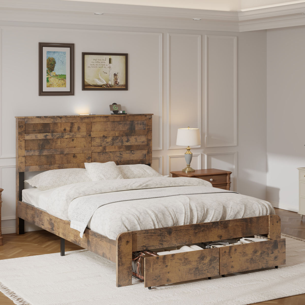 Full Rustic Bed Frame With LED Headboard, Charging Station & Drawers, Dark Brown