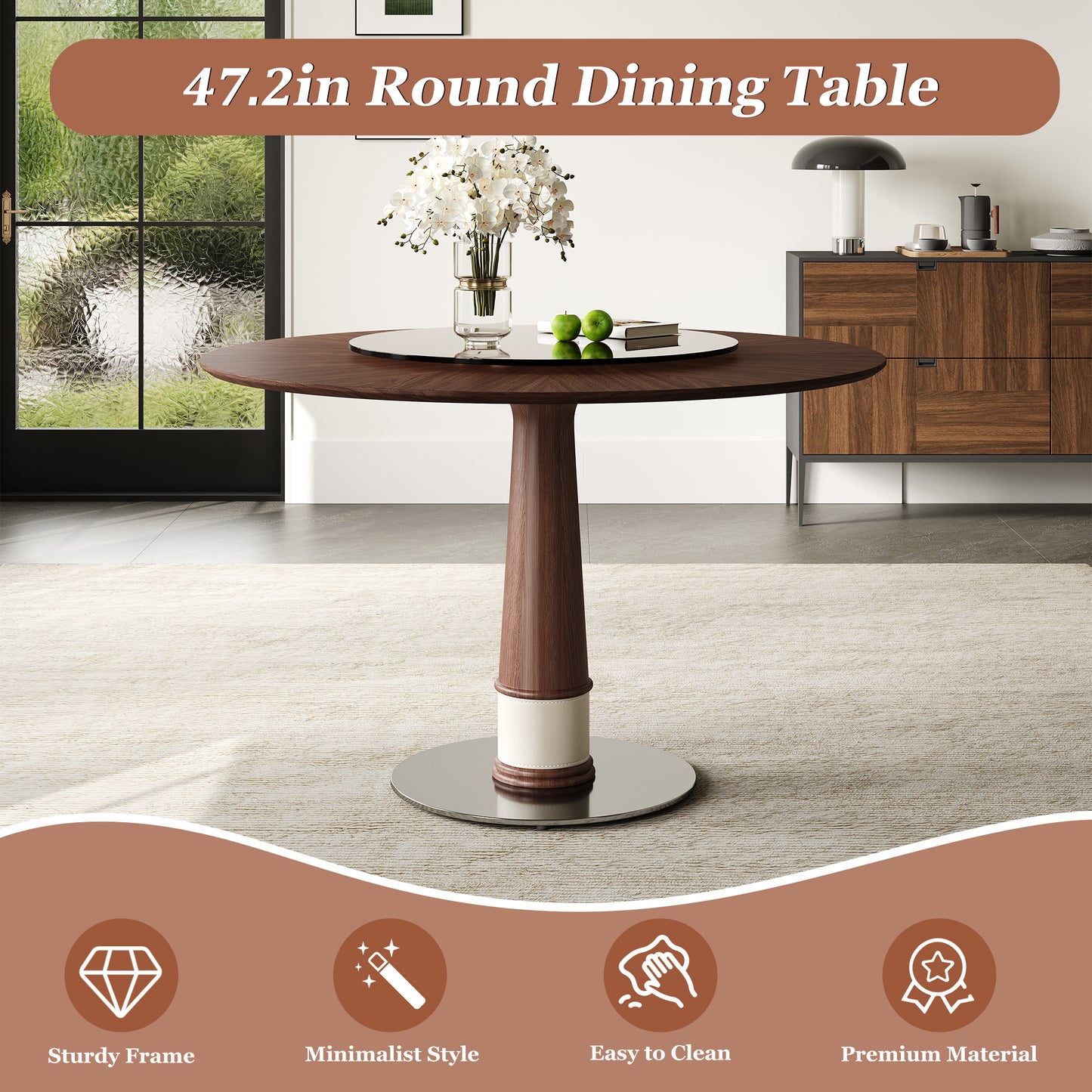 47 Inch Solid Wood Dining Table With 23 Inch Tempered Glass Lazy Susan  Stainless Steel Base Round Kitchen Table Retro Fashion Home Restaurant Office Table