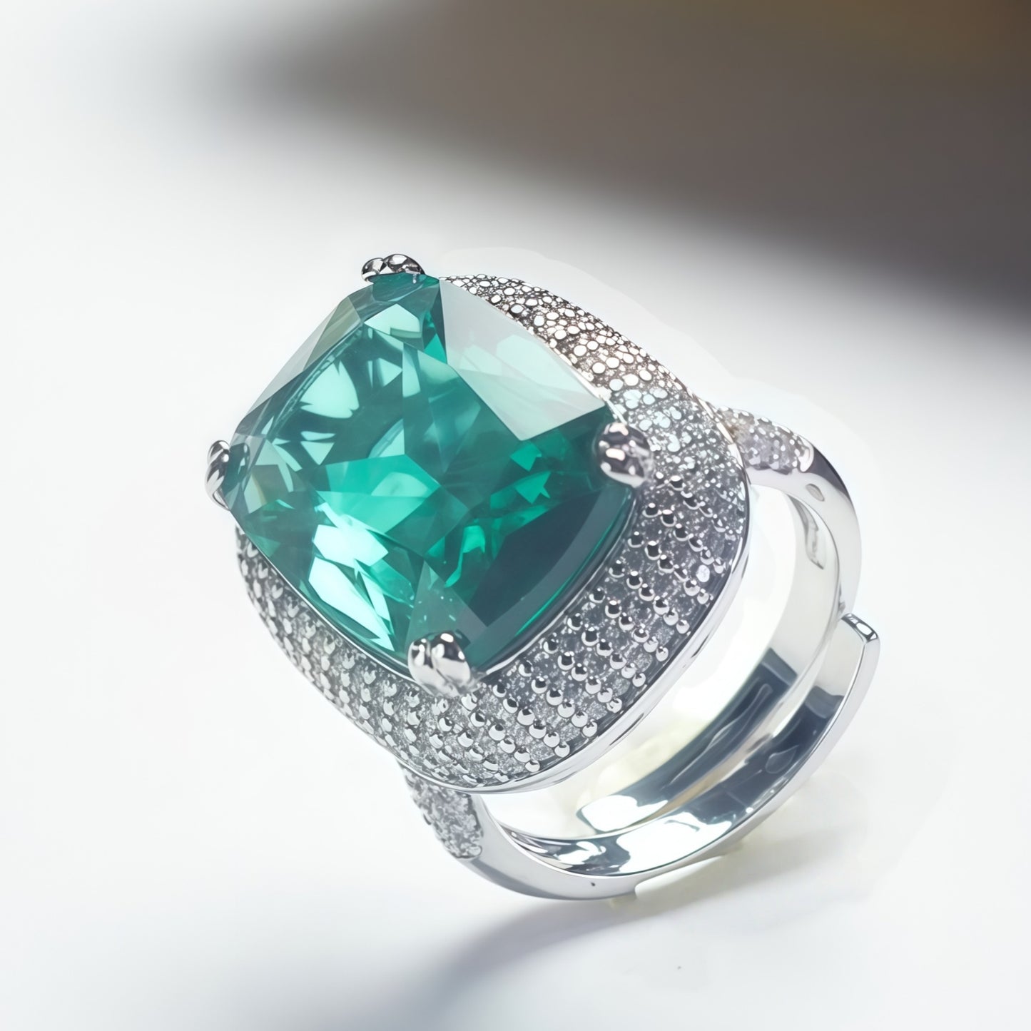 Rectangular Emerald Green CZ Double Halo Open Adjustable Statement Ring For Women, Copper Silver Plated Full Pave White Crystal Vintage Wedding Banquet Jewelry Gift