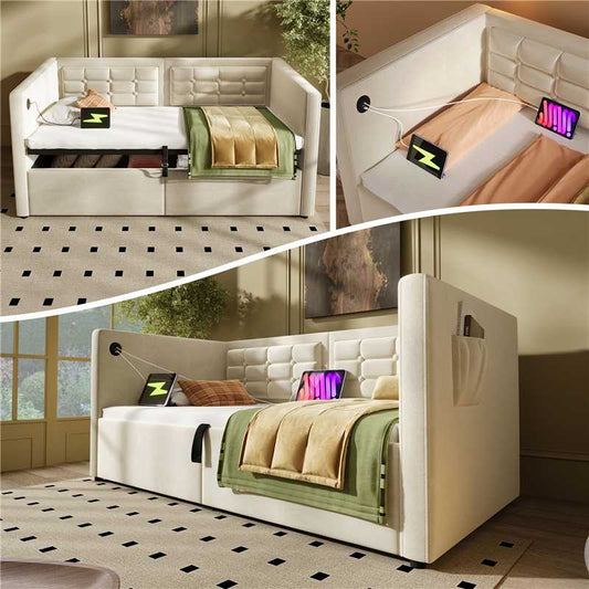 Upholstered Sofa Bed 90x200 Cm, Single Bed Sofa Bed With Hydraulic Storage And USB & Type-C Charging Station, Guest Bed With Wooden Slatted Base, Beige, Velvet, Without Mattress.