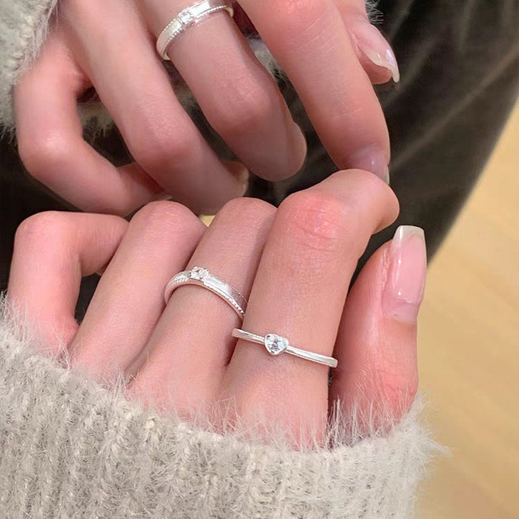 1 Pair 999 Sterling Silver Diamond Heart & Square Couple Rings, Minimalist Romantic Style, Perfect For Daily Wear & Valentine's Gifts