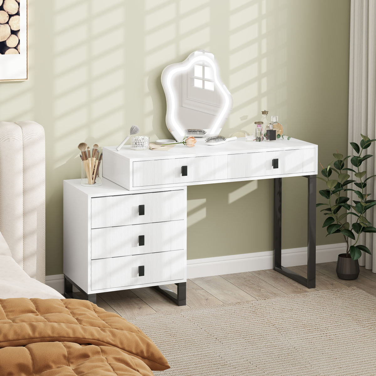 Dressing Table, Vanity Desk With Leaf Shape Mirror, Makeup Table With 5 Drawers, 3-Colour LED Lights, 100x40cm Tabletop, White