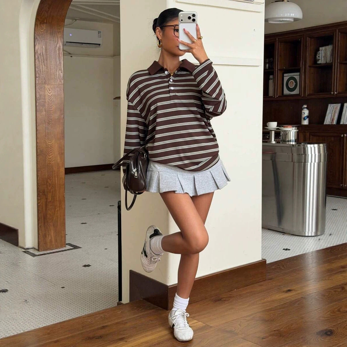 New FallWinter Womens Striped Casual Sweatshirt With Buttons And A Polo Neck