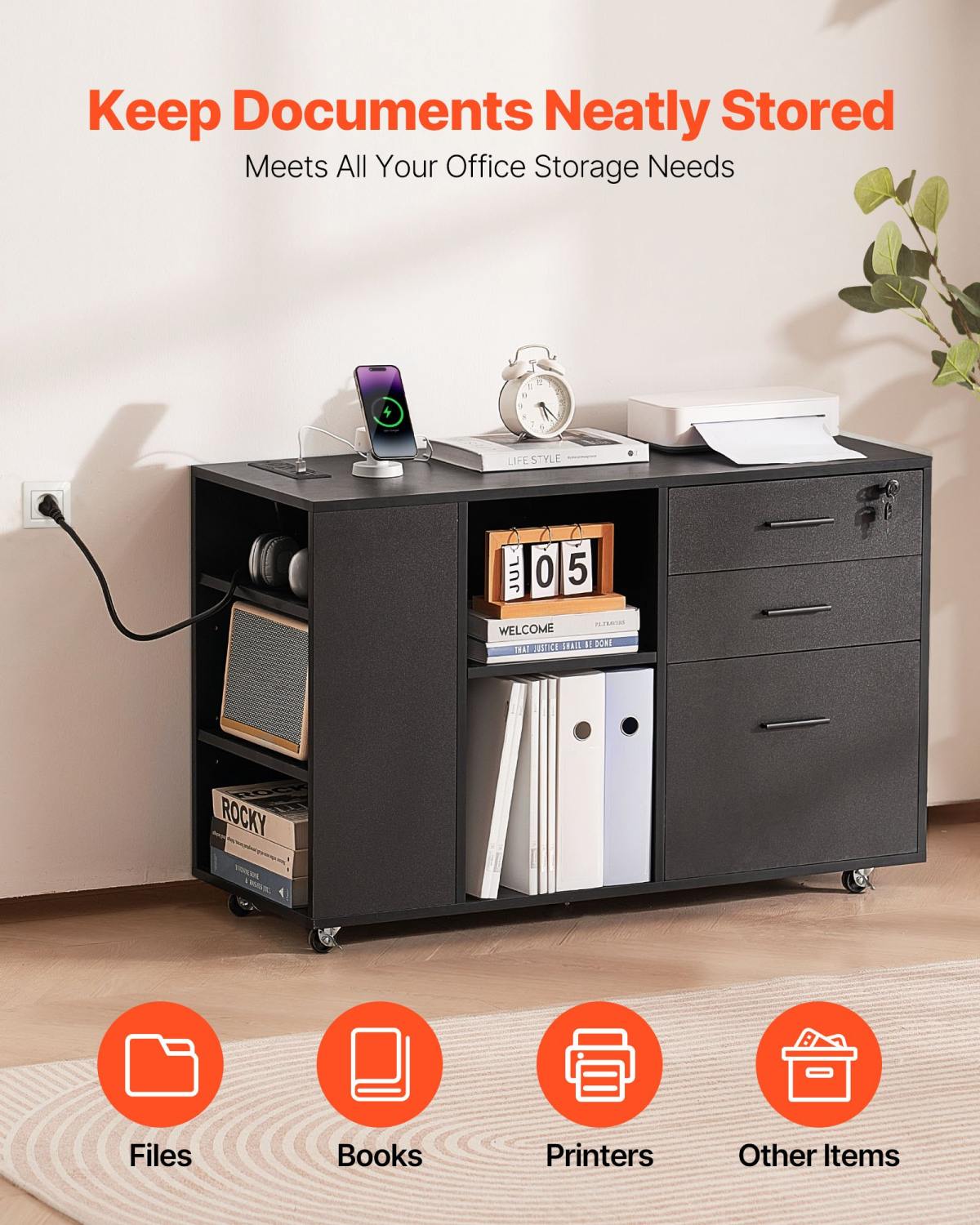 3 Drawer Wooden File Cabinet Mobile Filing Cabinet With Power Strip Black