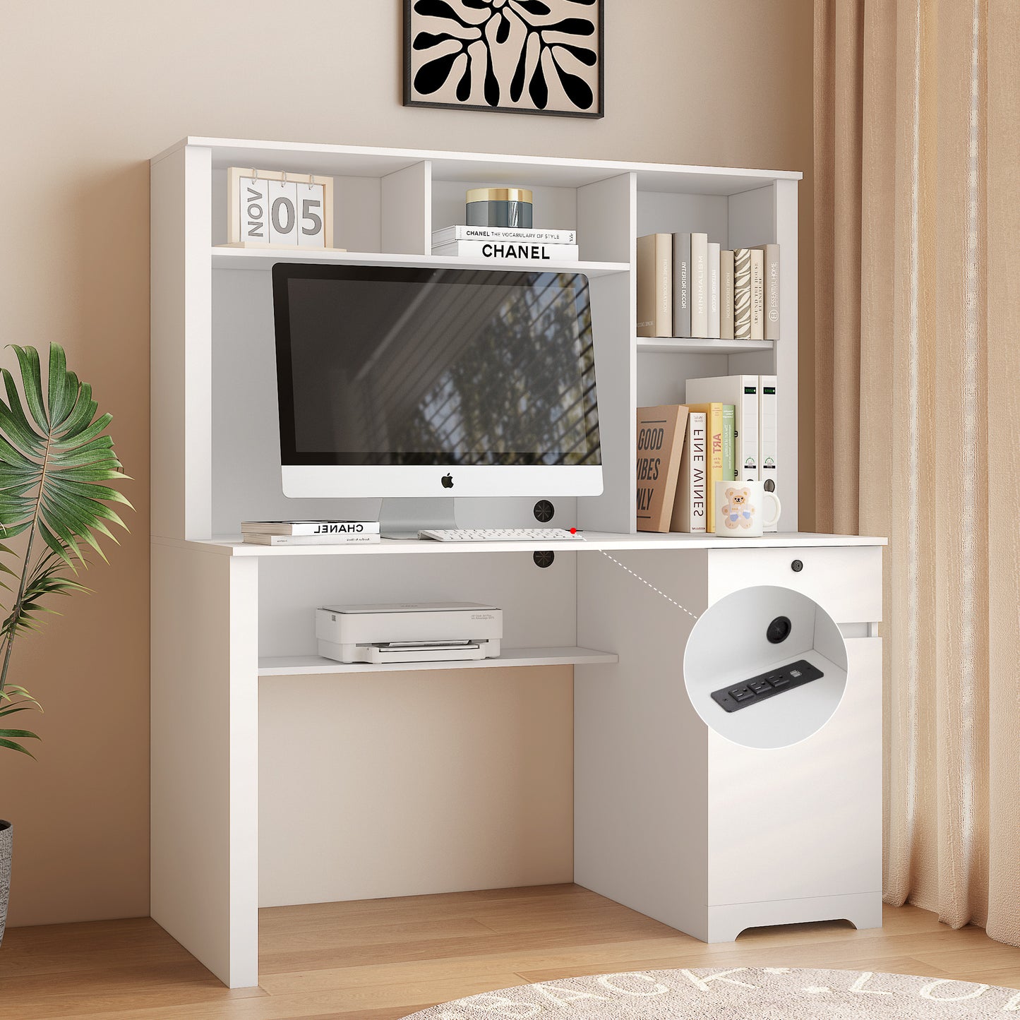 Computer Desk With Hutch & Bookshelf,Wood Executive Desk Teens Student Desk Writing Laptop Home Office Desk With Drawers,3 AC Outlets And 2 USB Charging Ports,Study Laptop Table For Home White