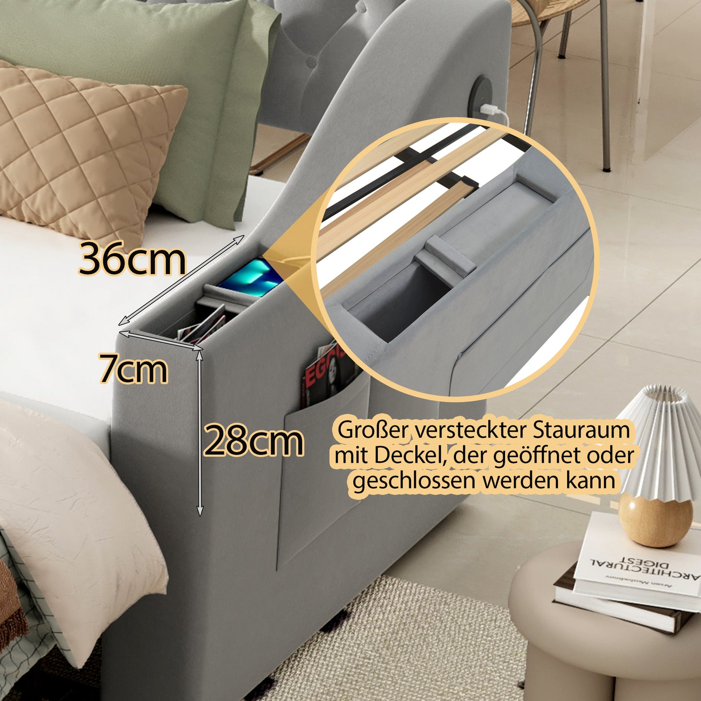 Upholstered Bed Sofa Bed, 90 180x190 Cm, Wider And Thicker Armrests With USB Charging Port, Integrated Shelf In The Armrests, With Storage Pockets, With Slatted Base, Velvet Fabric, Grey