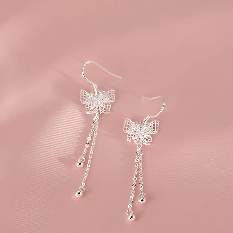 1 Pair 999 Sterling Silver Filigree Hollow Butterfly Long Tassel Drop Earrings, Elegant & Versatile, Perfect For Daily, Dating & Gifting, Ideal Valentine's Gift