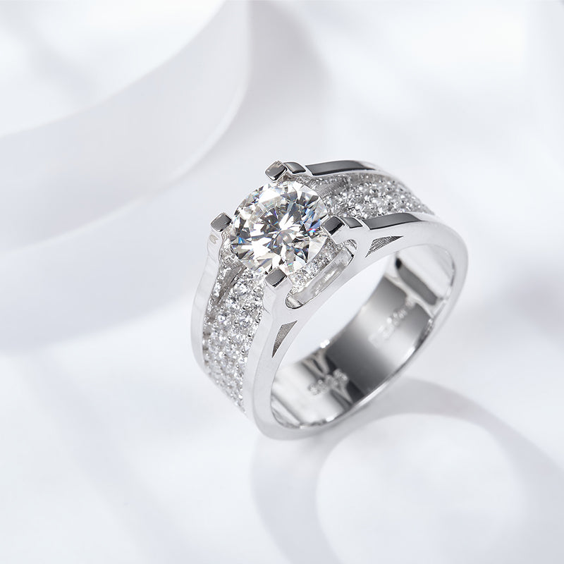 S925 Sterling Silver Wide Band Moissanite Ring, 1&2ct D-VVS1 Split Shank Pave Design, Platinum Plated US Sizes 5-9, GRA Certified Gift Box