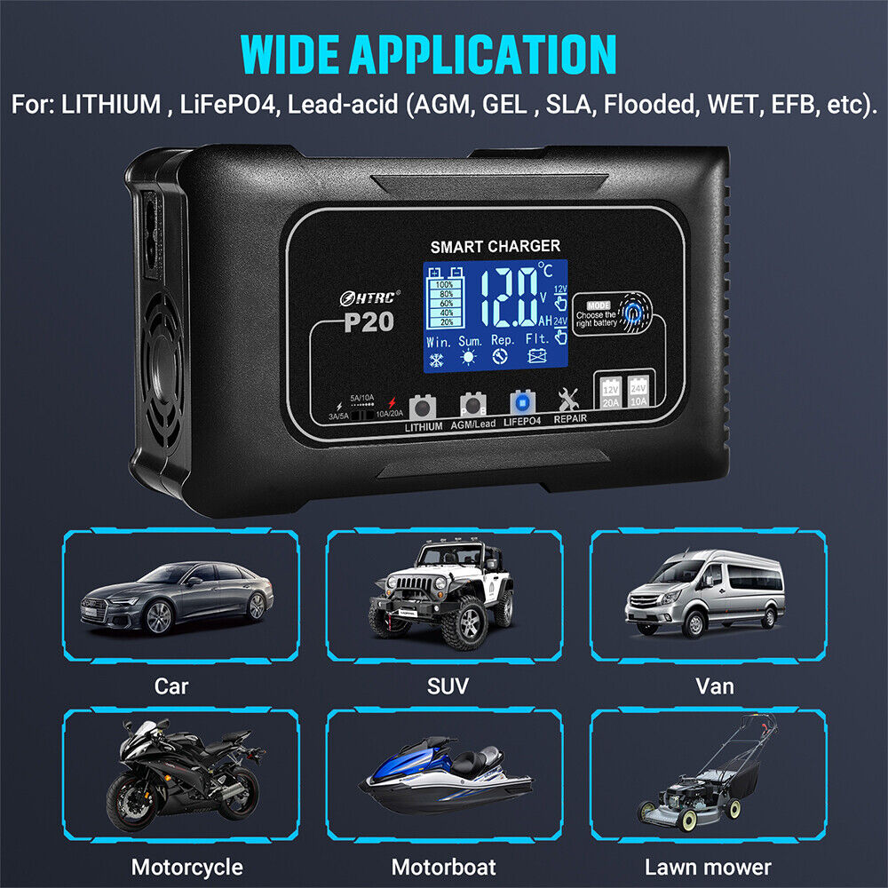20A 12V 24V 20 Amp Car Battery Smart Charger For Lead Acid AGM LiFePo4 Battery