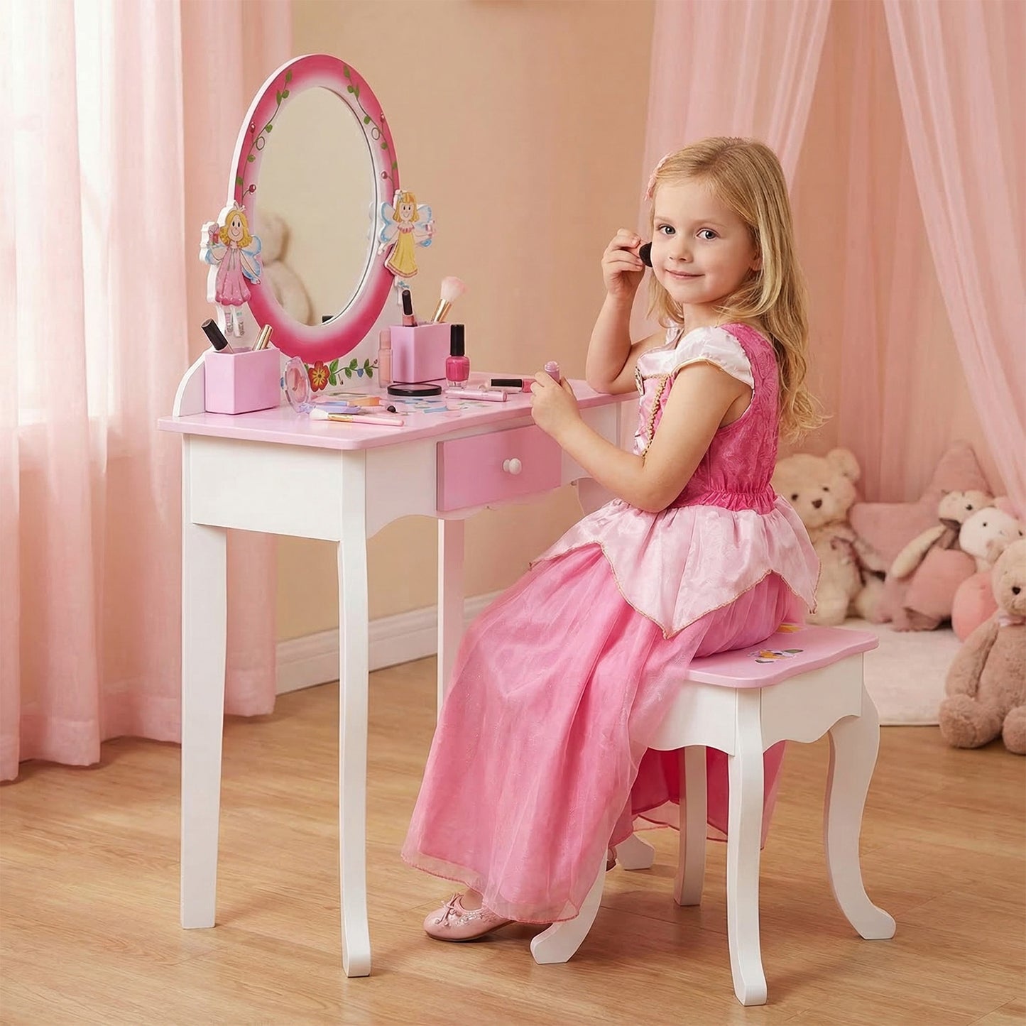 Kids Vanity Set Floral Printed Wooden Makeup Dressing Princess Table With Mirror And Stool For Role Playing Pink