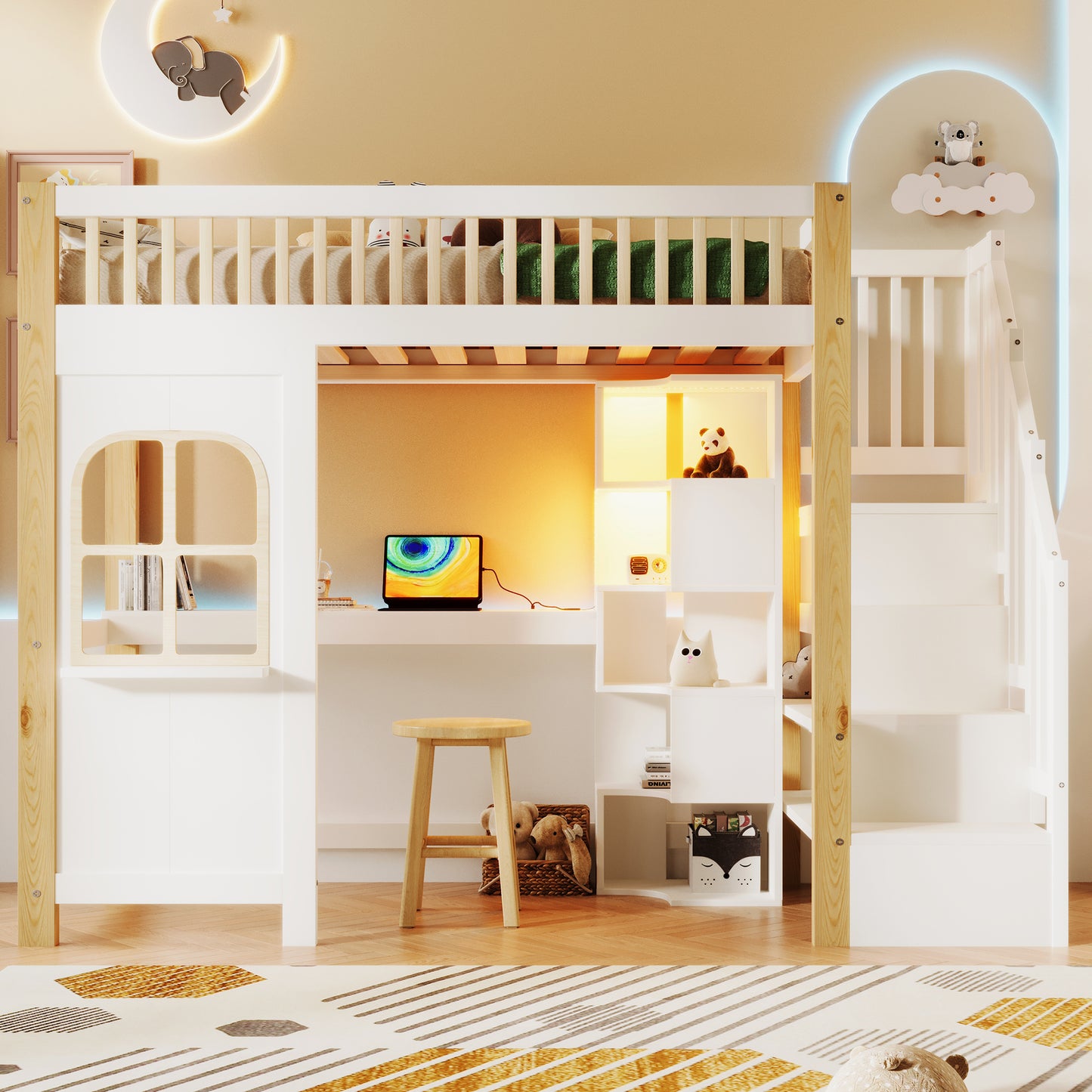 Loft Bed, 90x200cm, With LED Lights, Window Shape, Storage Ladder, Open Storage Compartment, Desk, Socket, Without Mattress, White Natural