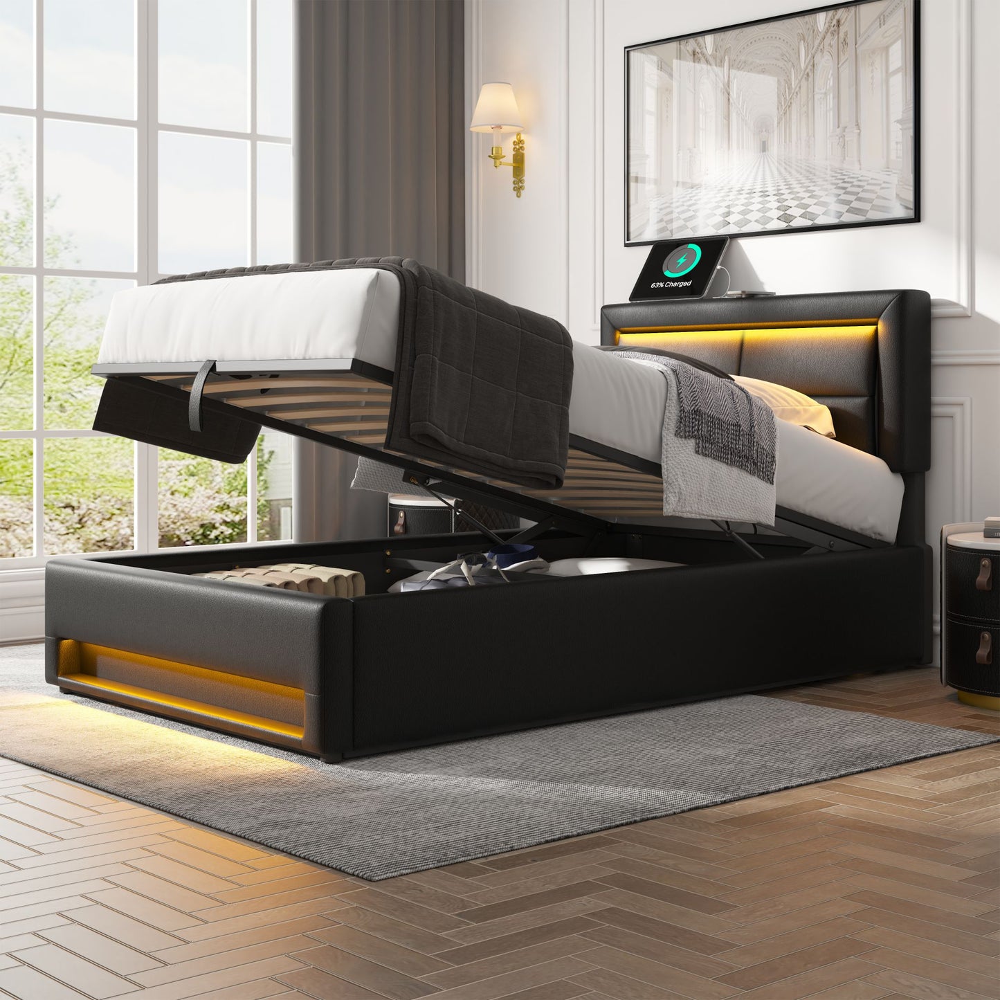 Upholstered Bed 90 X 200 Cm, With USB Port Supports Wireless And Wired Charging, With LED Lighting And Storage, Without Mattress, PU Lychee Pattern, Black