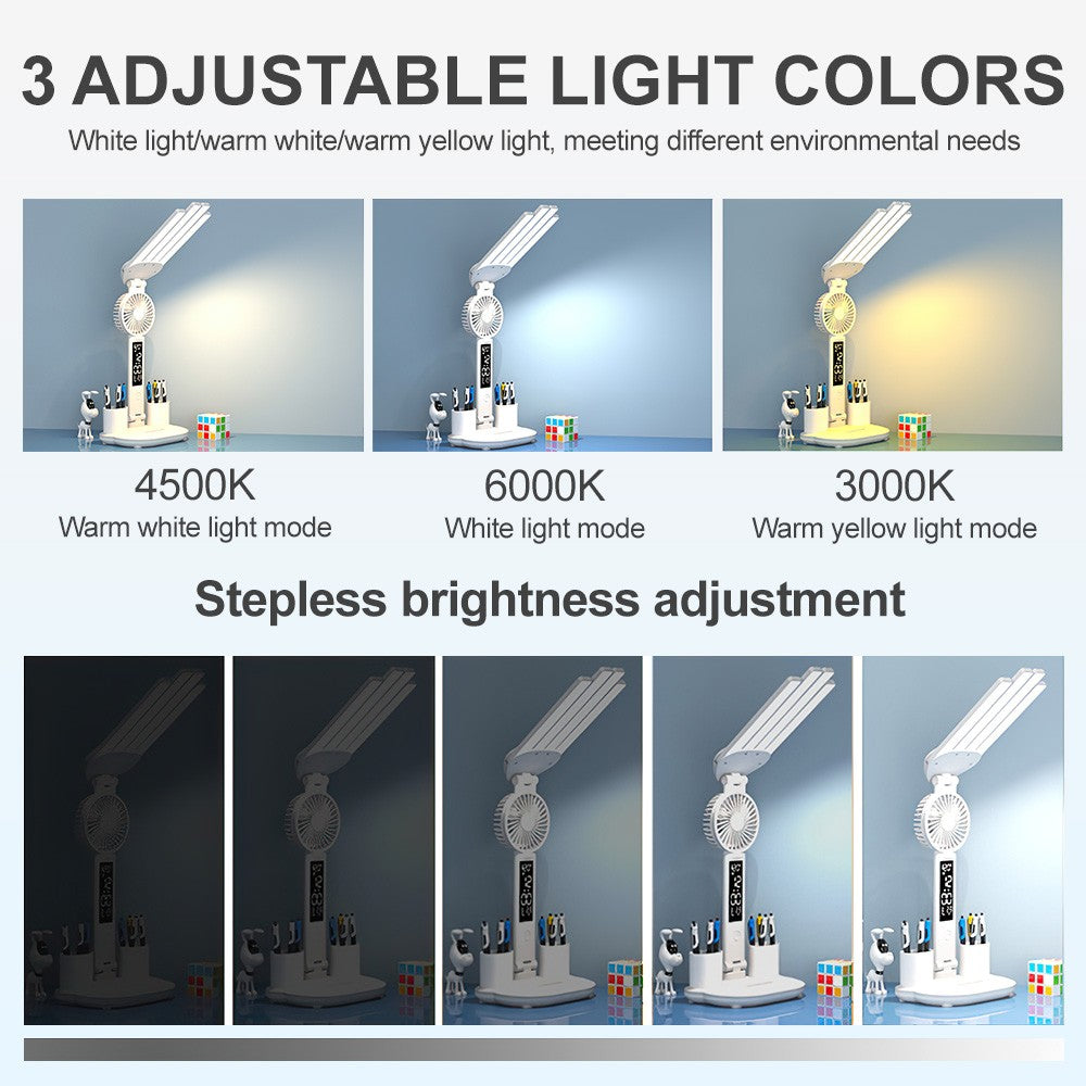 4-Head LED Desk Reading Lamp With Fan Clock Dimmable Rechargeable Touch Light