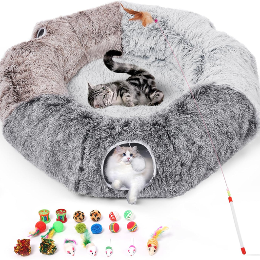 Large Cats Tunnels For Indoor Cats Fluffy Warm Cat Bed And Detachable Cave Tunnels With 20 Pet Toys, Donut Tunnel And Variety Kitten Toy Set For Playing
