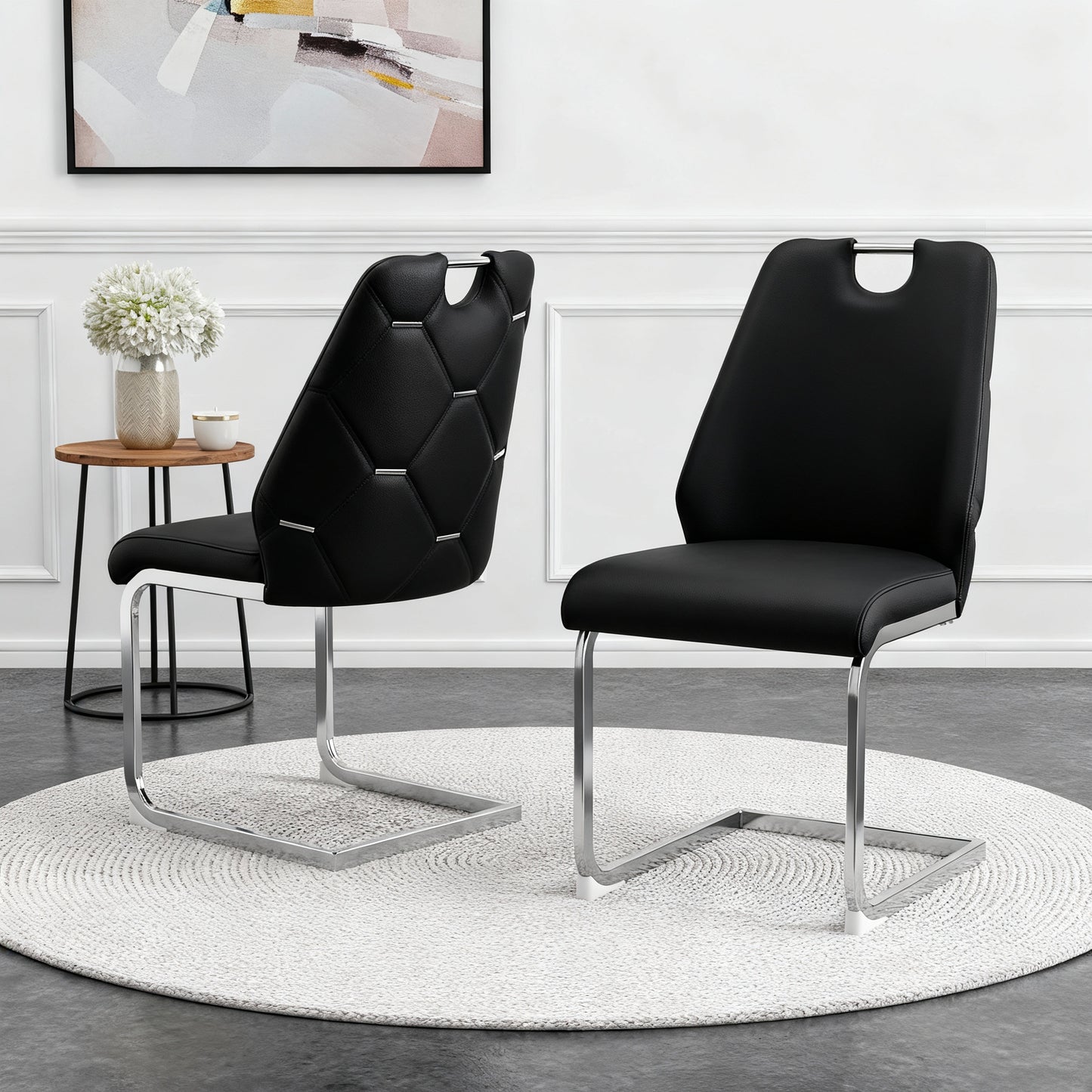 Dining Chairs Set Of 4, Black Faux Leather Kitchen Chairs With Gold Mesh Texture, Silver Back Ring And Chrome Pull Handle, High Back Upholstered Dining Room Chair  Black, Set Of 4