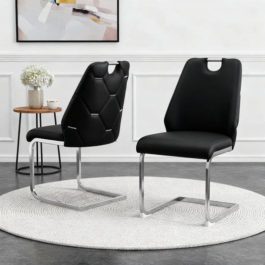 Dining Chairs Set Of 2, Black Faux Leather Kitchen Chairs With Gold Mesh Texture, Silver Back Ring And Chrome Pull Handle, High Back Upholstered Dining Room Chair  Black, Set Of 2