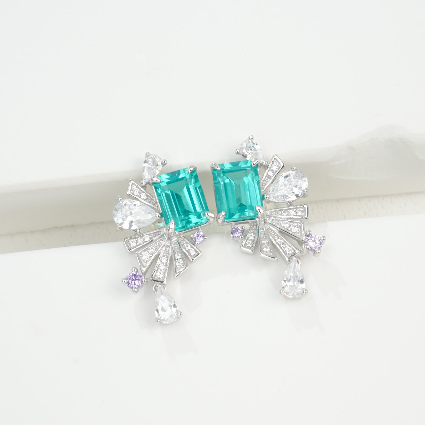 S925 Sterling Silver Art Deco Fan Drop Earrings, 8x6mm Lab-Grown Ruby Emerald Paraiba & Blue Diamond, Platinum Plated 5g Women's Fine Jewelry Gift Box