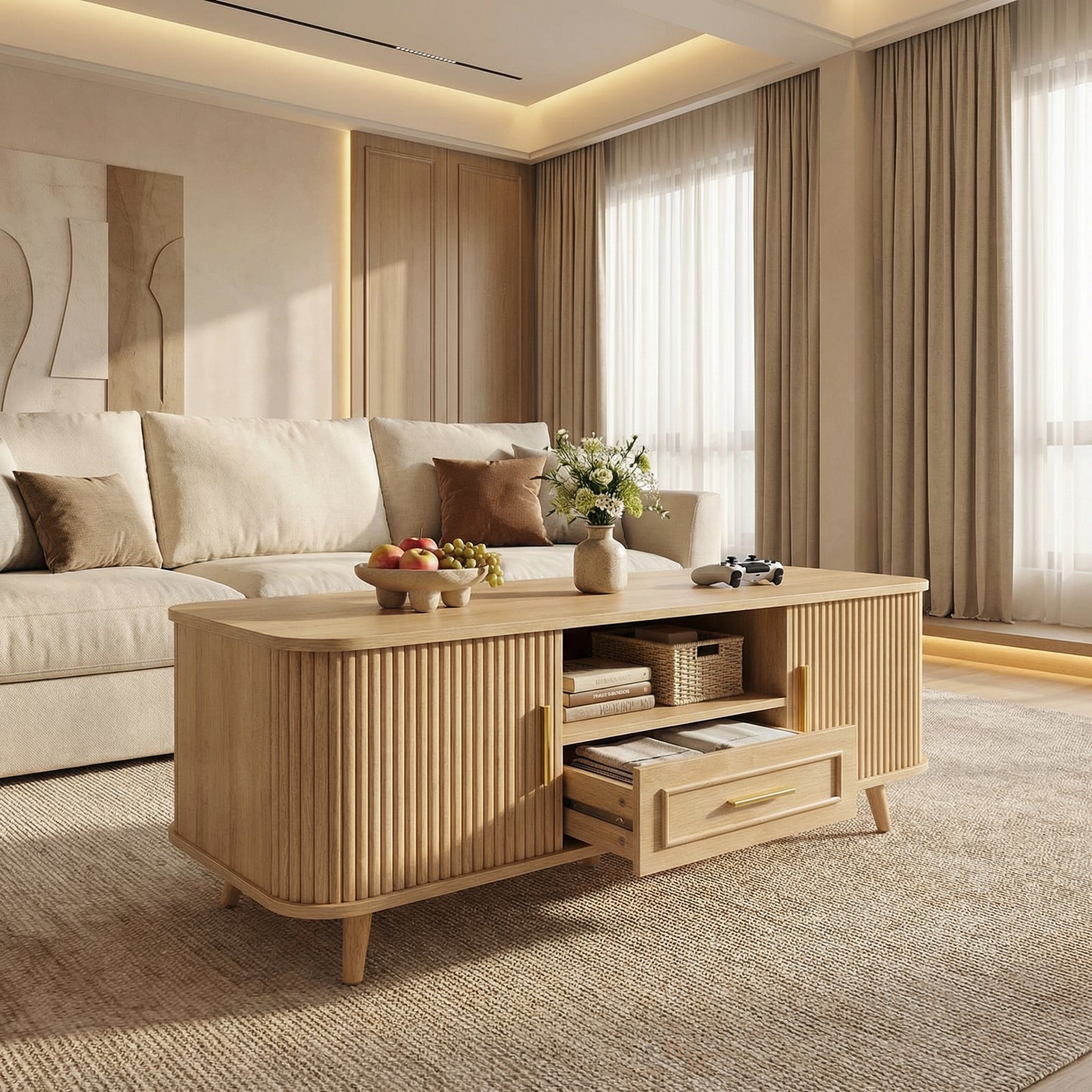 Mid-Century Modern Coffee Table With Storage Natural Wood Finish, 2 Doors & 1 Drawer, For Living Room, Entertainment Center, Home Theater