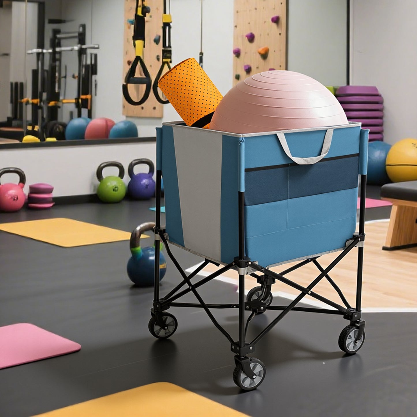 Rolling Ball Storage Cart With Wheels, Collapsible Garage Sports Equipment Organizer For Volleyball Basketball Tennis Toy Storage Multi-Sport Family Gym, Blue Gray