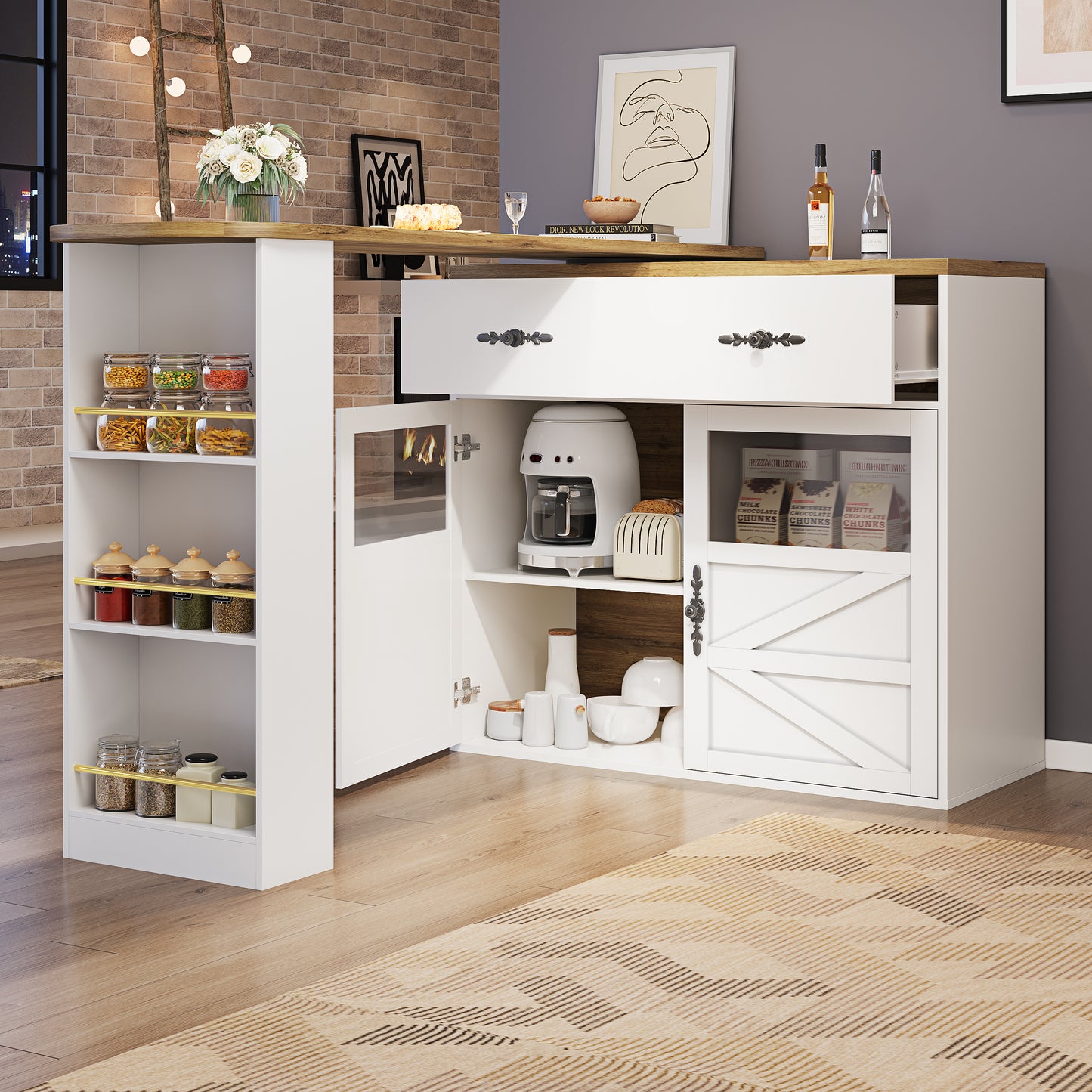 Extendable Bar Table With Storage  138-204x39x104cm , 360 Rotatable Edible,Modern Movable Bar Table,High Table Kitchen Island Bistro Table, Sideboard Cabinet With Shelves, White