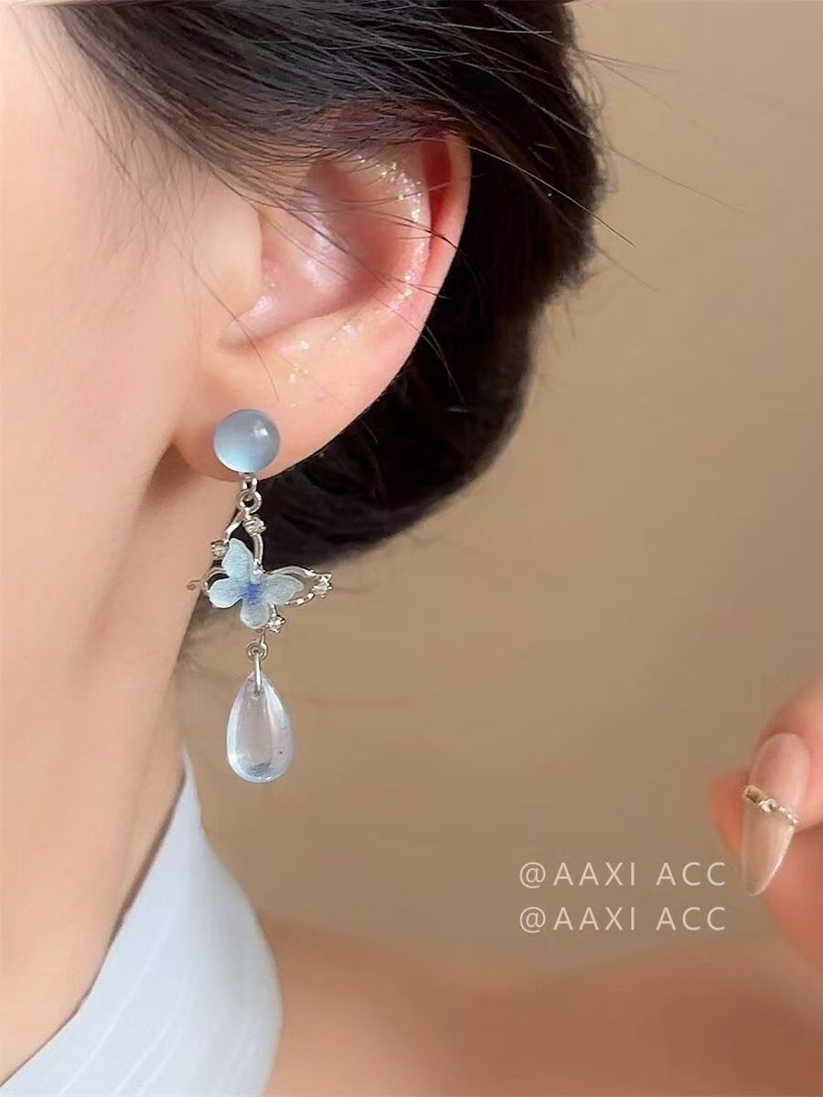 Cool Blue Sweet Butterfly Earrings For Women, New Chinese Retro Niche Design Versatile Ear Jewelry