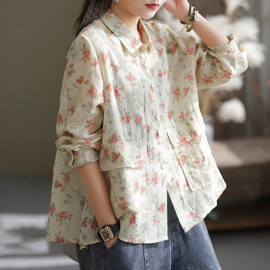 New Vintage Ramie Floral Long-sleeve Shirt