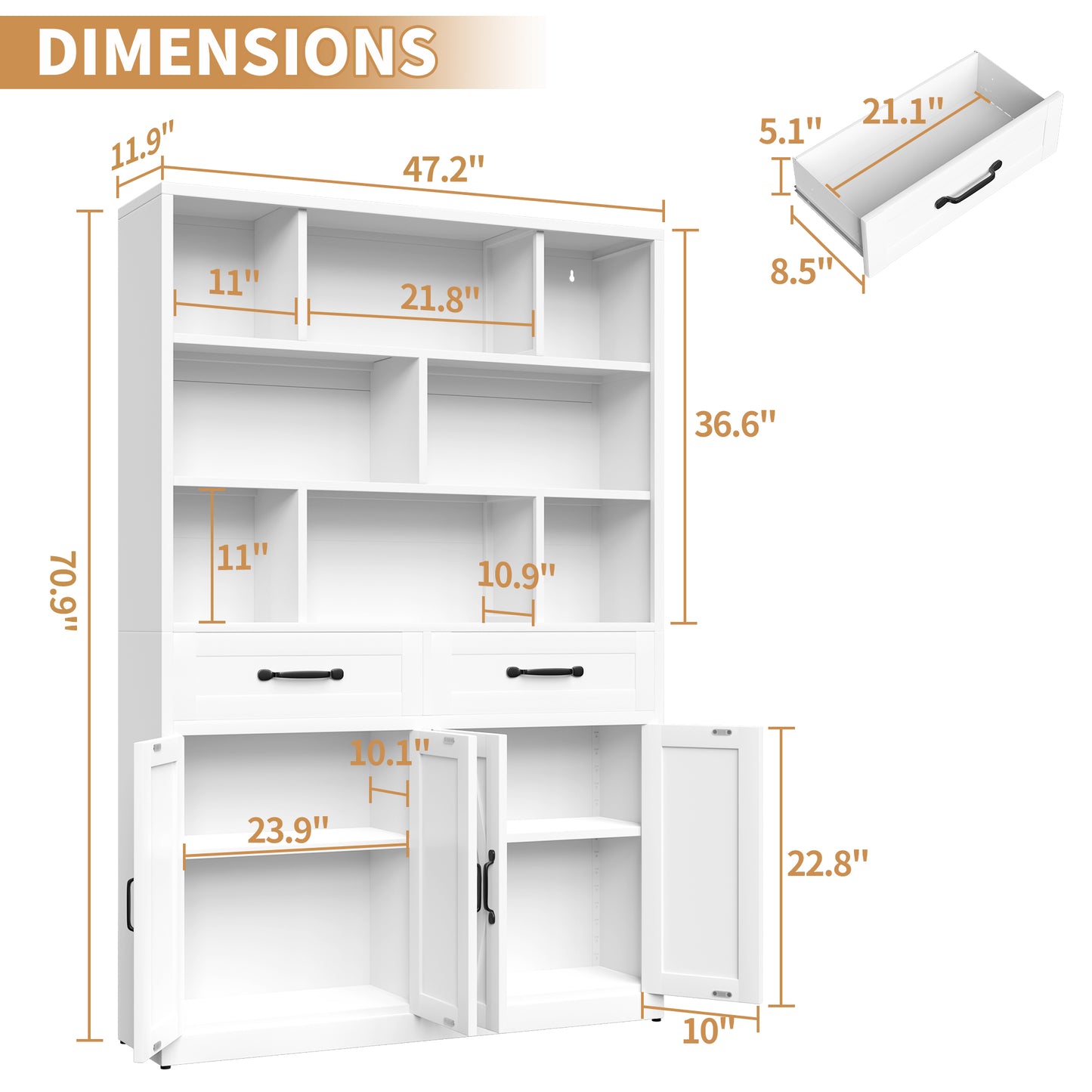 71  H Metal Bookcase With 2 Doors & 2 Drawers, Tall Storage Cabinet With Fixed Open Shelves For Home Office, Living Room, Modern Bookshelf, White
