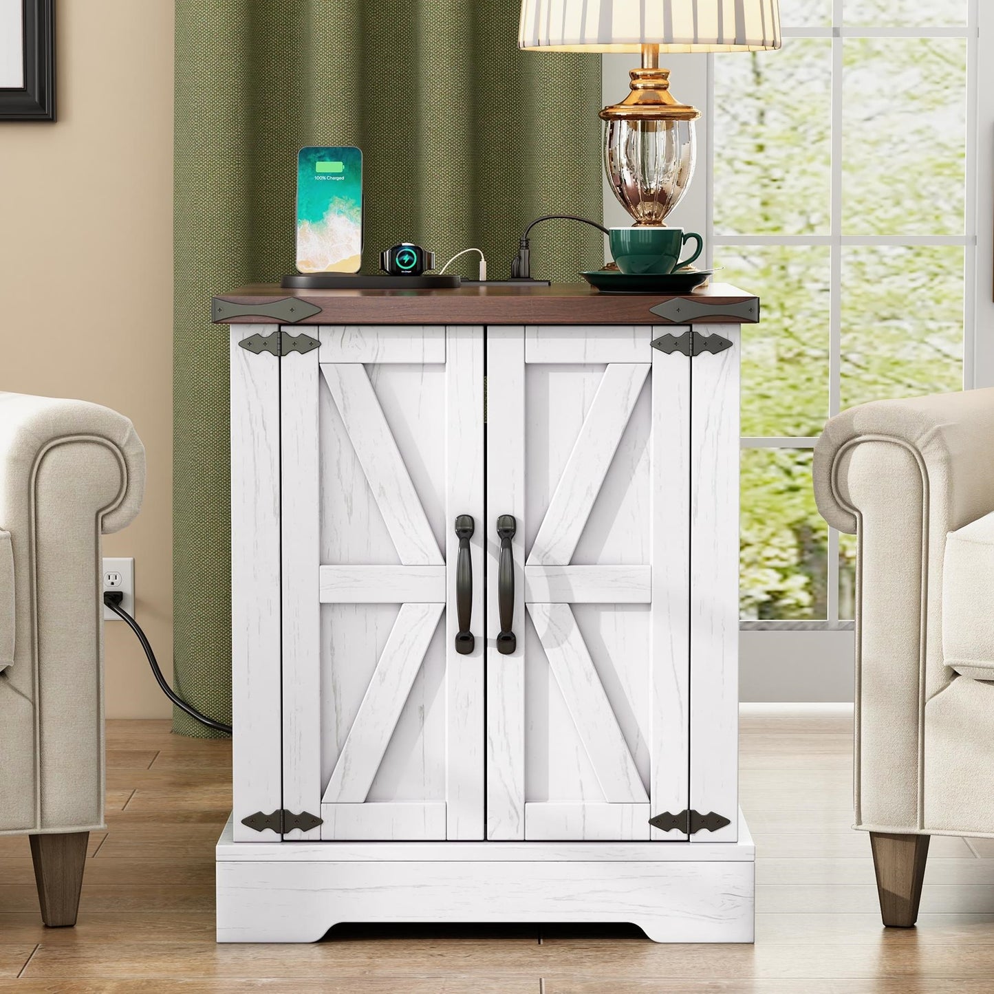 ON-TREND Farmhouse End Table With Charging Station, Rustic Wood Nightstand With Adjustable Shelf, 19.6W Versatile Walnut Sofa Side Table With Barn Doors & Retro Hinges For Bedroom, Living Room, White
