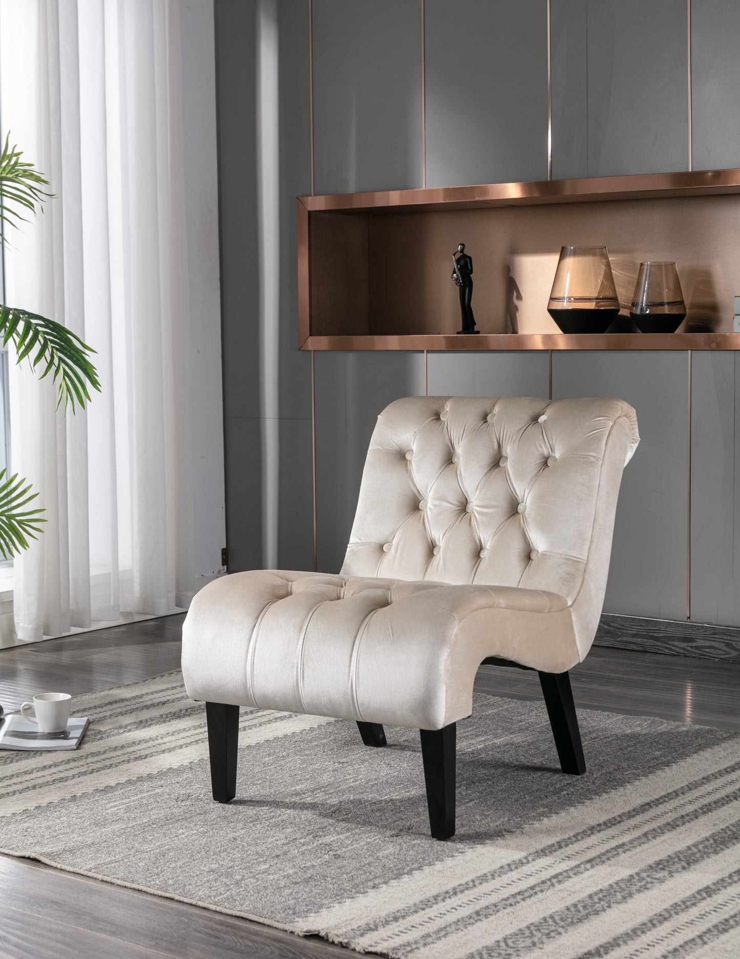 COOLMORE Modern Velvet Armless Accent Living Room Chair   Leisure Chair,Upholstered Fabric Button Comfortable Chair With Wooden Legs For Bedroom, Living Room, Office  Beige Velvet