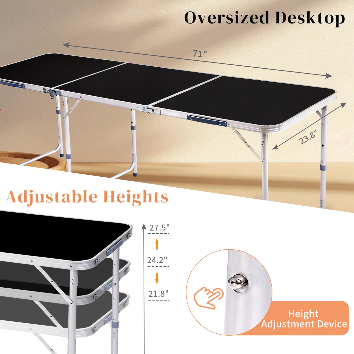 6ft 180-60cm Aluminum Alloy 3-Fold Portable Folding Table, Adjustable Height Outdoor Camping Picnic Dining Desk