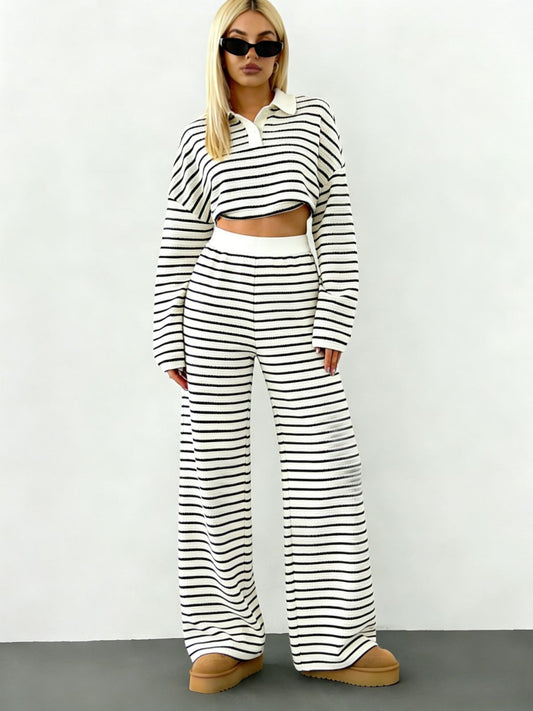 Striped Lapel Fashion Knit Loose Long Sleeve Top & Casual Pants Set