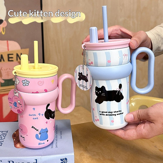 Cute Mug Desk Cup Highly Stylish Straw Cup Stainless Steel Cold Keeping Bottle
