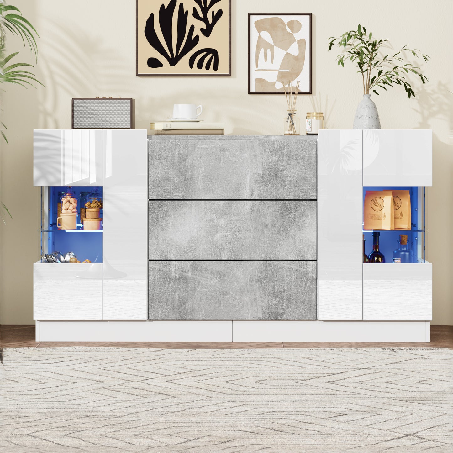 Elegant Sideboard With 2 Doors And 3 Drawers - High Gloss White Fronts And Grey Marble Look, LED Lighting With 16 Colours, 140 X 35 X 75 Cm