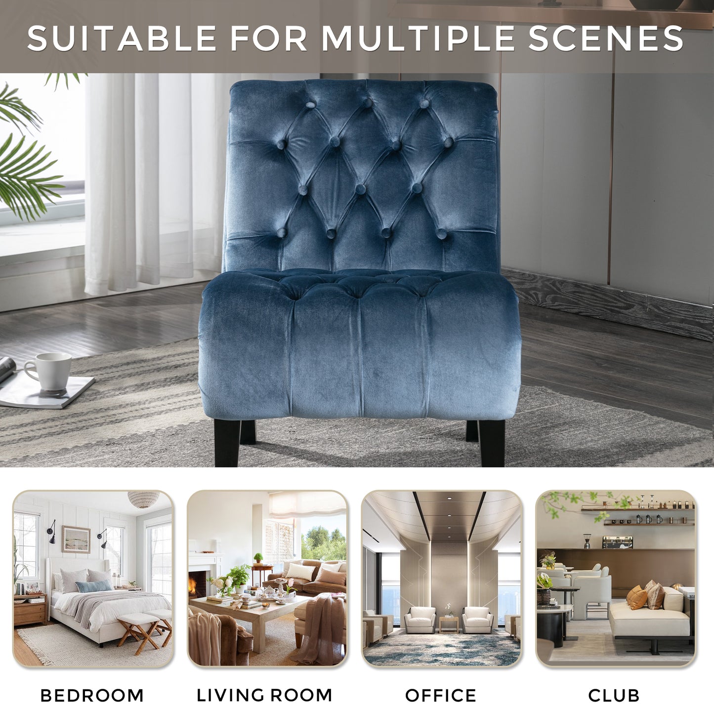 COOLMORE Modern Velvet Armless Accent Living Room Chair   Leisure Chair,Upholstered Fabric Button Comfortable Chair With Wooden Legs For Bedroom, Living Room, Office  Light Blue Velvet
