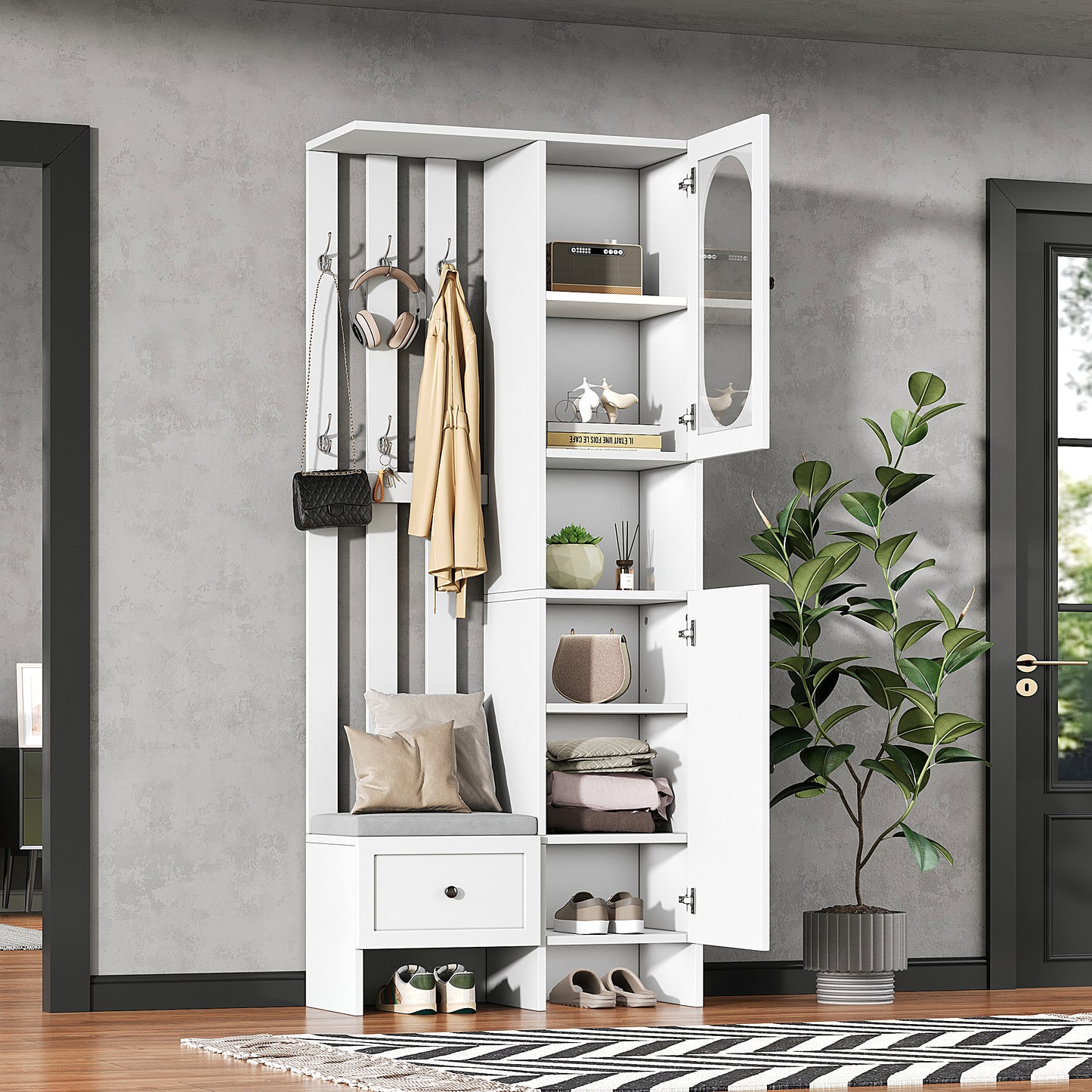 85x33.5x200cm Compact Wardrobes,Home Furniture With 2 Cabinets,Tempered Glass Storage Cabinet, Wardrobe Set White Entrance Cabinet, Coat Rack With Shoe Bench And Upholstery