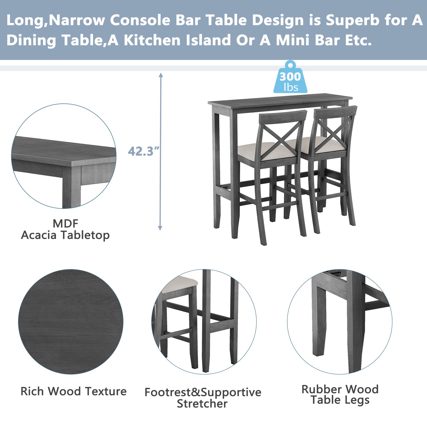 TOPMAx Farmhouse 48 Rectangular Wood Bar Height Dining Set Kitchen Breakfast Nook With 2 Chairs For Small Places Gray Beige